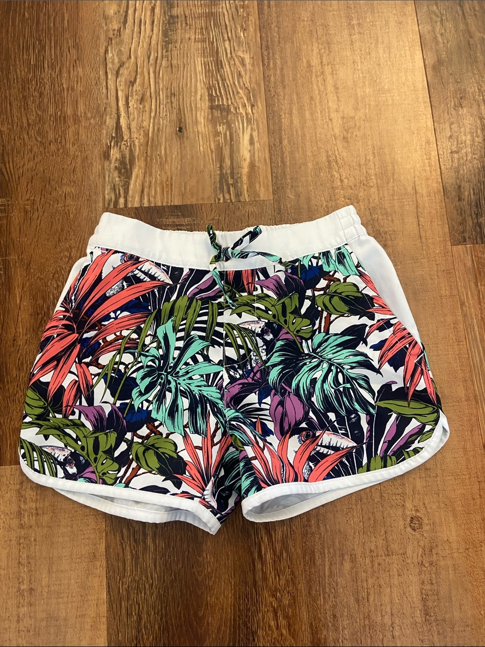 Girls Tropical Leaf Print Drawstring Shorts - White Trim
